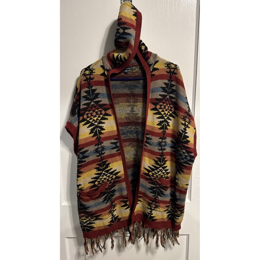 American Eagle Sweater Medium Southwestern Aztec Poncho Hood Fringe Boho Western